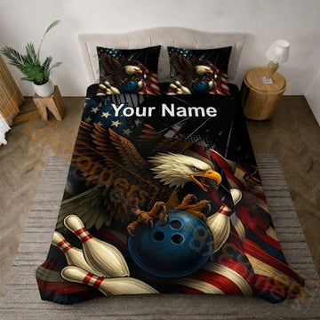 Maxcorners Patriotic Eagle Bowling American Flag Personalized Name Unisex 3D Bedding Set
