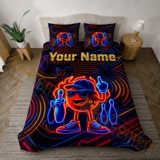 Maxcorners Neon Bowling Ball Character Personalized Name Unisex 3D Bedding Set