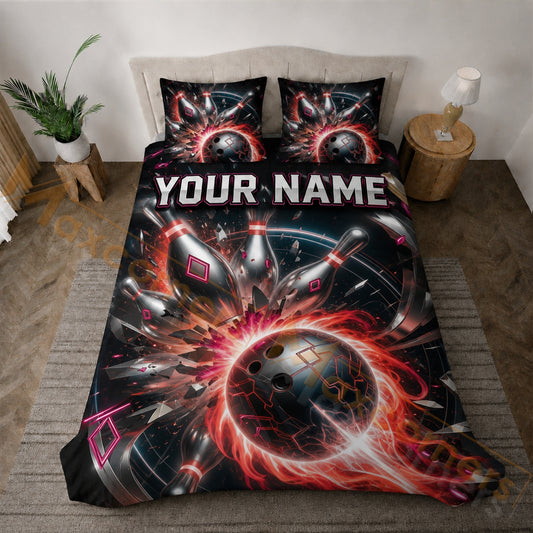 Maxcorners Explosive Red Strike Bowling Personalized Name Unisex 3D Bedding Set