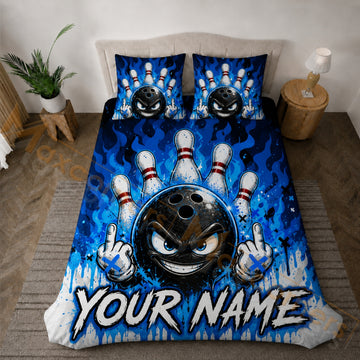 Maxcorners Bowling Blue Flame Angry Ball Bedding Set 3D All Over Printed Custom Name