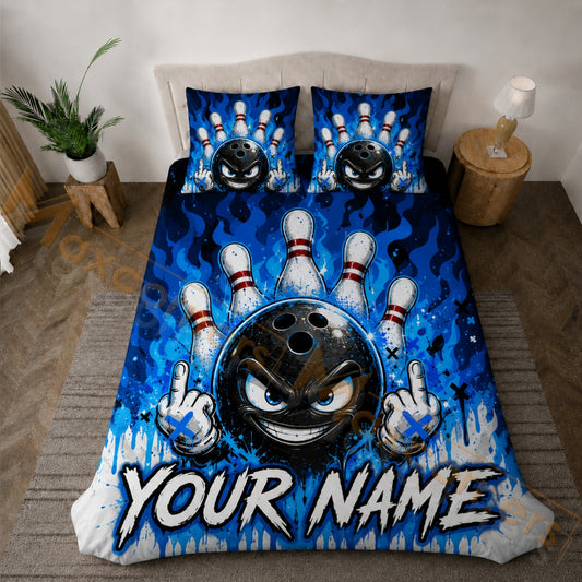 Maxcorners Bowling Blue Flame Angry Ball Bedding Set 3D All Over Printed Custom Name