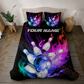 Maxcorners Bowling Colorful Flame Strike Bedding Set 3D All Over Printed Custom Name