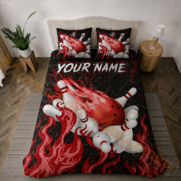 Maxcorners Bowling Red Flame Strike Bedding Set 3D All Over Printed Custom Name