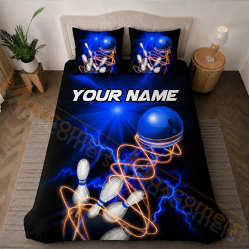 Maxcorners Bowling Electric Blue Strike Bedding Set 3D All Over Printed Custom Name