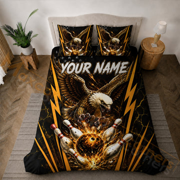Maxcorners Bowling Black Gold Eagle Strike Bedding Set 3D All Over Printed