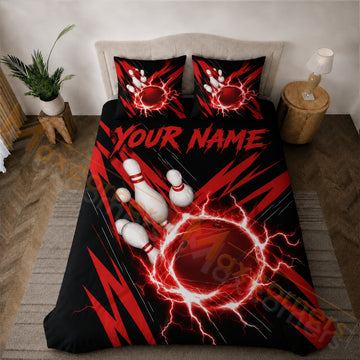Maxcorners Bowling Red Black Lightning Strike Bedding Set 3D All Over Printed
