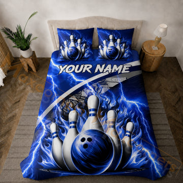 Maxcorners Bowling Blue White Lightning Flame Strike Bedding Set 3D All Over Printed