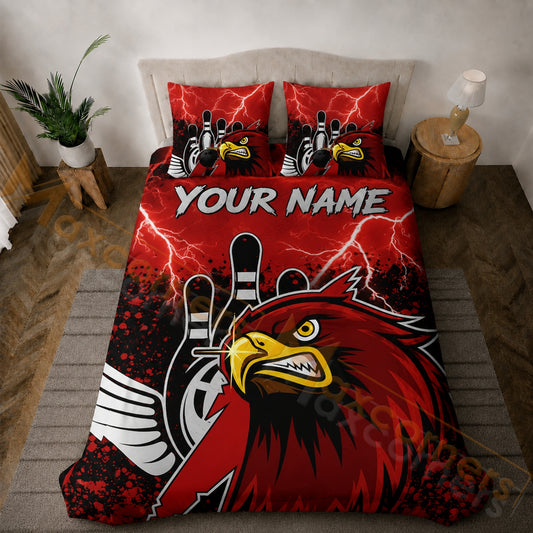 Maxcorners Bowling Red Black Eagle Lightning Strike Bedding Set 3D All Over Printed