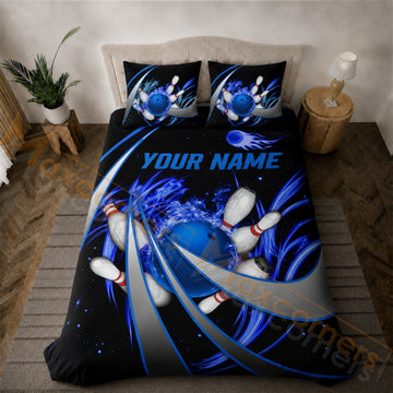 Maxcorners Bowling Black Blue Lightning Strike Bedding Set 3D All Over Printed
