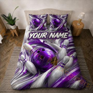 Maxcorners Bowling Purple Silver Swirl Strike Bedding Set 3D All Over Printed