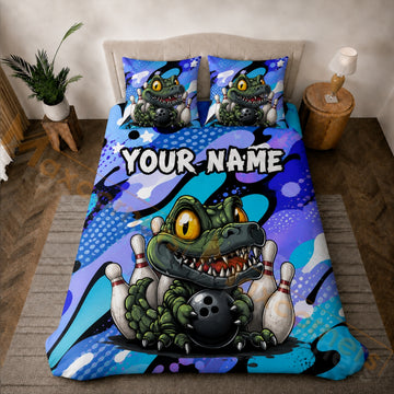 Maxcorners Bowling Blue Purple Crocodile Strike Bedding Set 3D All Over Printed