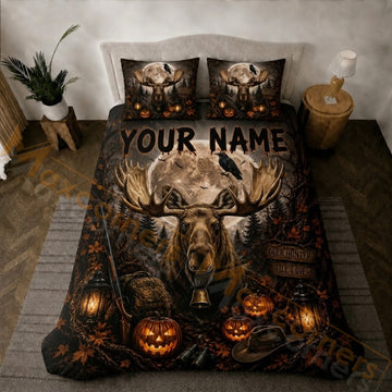 Maxcorners Hunting Halloween Moose Full Moon Pumpkin Bedding Set 3D Printed Custom Name