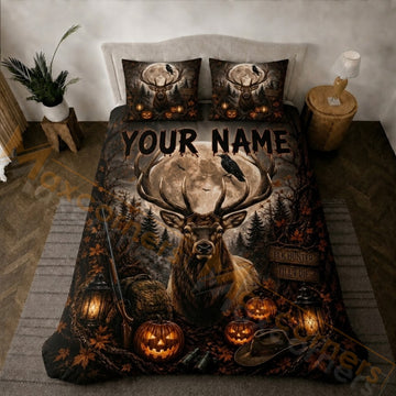 Maxcorners Hunting Halloween Elk Full Moon Pumpkin Bedding Set 3D Printed Custom Name