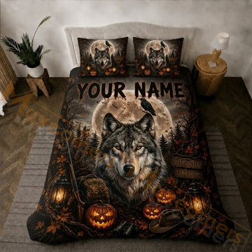 Maxcorners Hunting Halloween Wolf Full Moon Pumpkin Bedding Set 3D Printed Custom Name