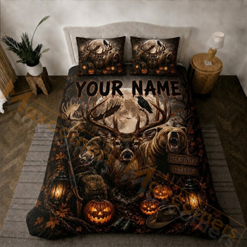 Maxcorners Hunting Dark Halloween Wildlife Full Moon Pumpkin Forest Bedding Set 3D Printed Custom Name
