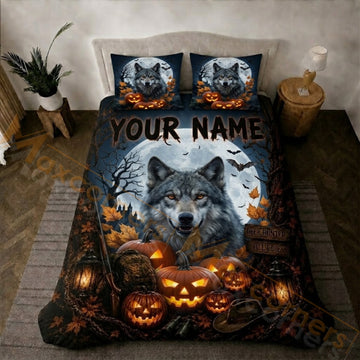 Maxcorners Hunting Halloween Wolf Full Moon Pumpkin Forest Bedding Set 3D Printed Custom Name