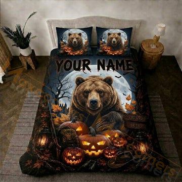 Maxcorners Hunting Halloween Bear Full Moon Pumpkin Forest Bedding Set 3D Printed Custom Name