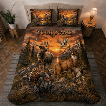 Maxcorners Hunting Orange Mountain Sunset Wildlife Bedding Set 3D Printed Custom Name