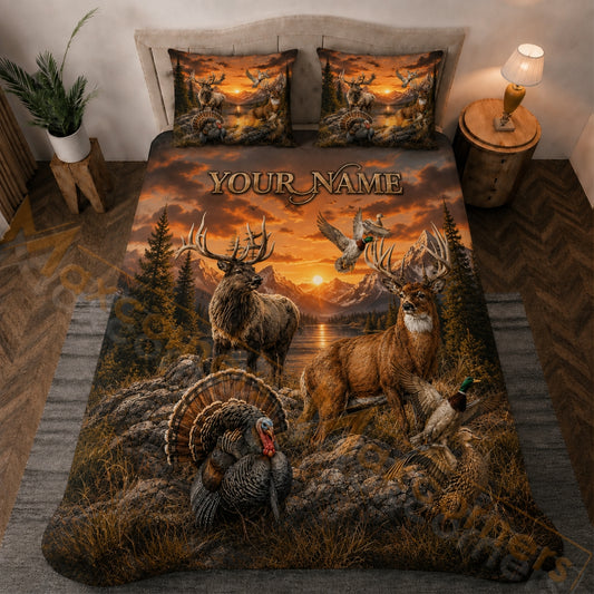 Maxcorners Hunting Orange Mountain Sunset Wildlife Bedding Set 3D Printed Custom Name