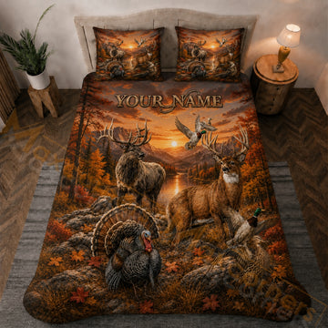 Maxcorners Hunting Autumn Mountain Wildlife Sunset Bedding Set 3D Printed Custom Name