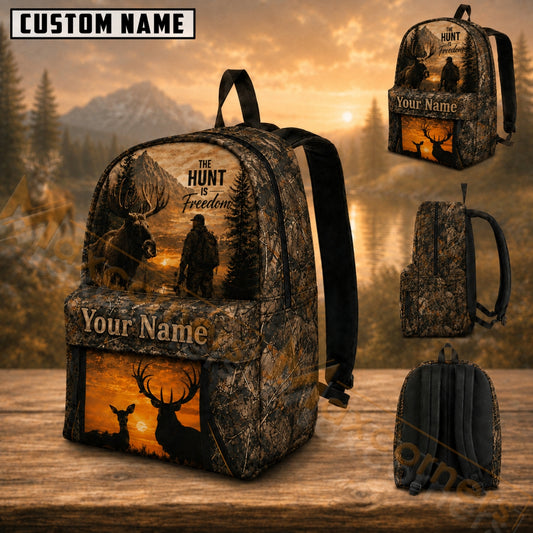 Maxcorners Hunting The Hunt Is Freedom Bull Moose Sunset Mountain Woodland Camouflage Custom Name 3D Backpack