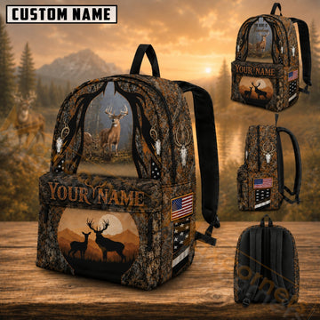 Maxcorners Hunting Deer Sunset Silhouette American Flag Camo Custom Name 3D Backpack