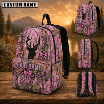 Maxcorners Hunting Deer Head Pink Bowknot Camouflage Custom Name 3D Backpack
