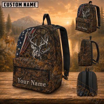 Maxcorners Hunting American Flag Smoke Buck Brown Camouflage Custom Name 3D Backpack
