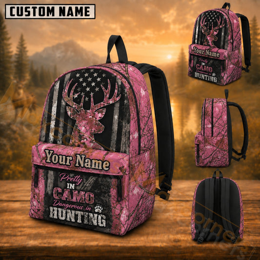 Maxcorners Hunting Pink Camouflage Deer American Flag Custom Name 3D Backpack