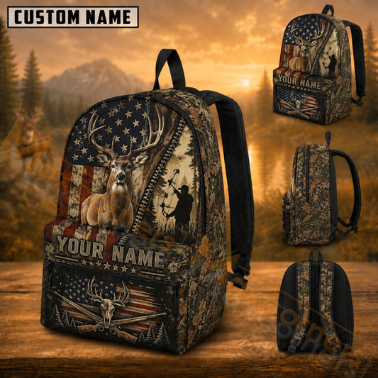 Maxcorners Hunting Wild Deer Bowhunting US Flag Woodland Camo Custom Name 3D Backpack