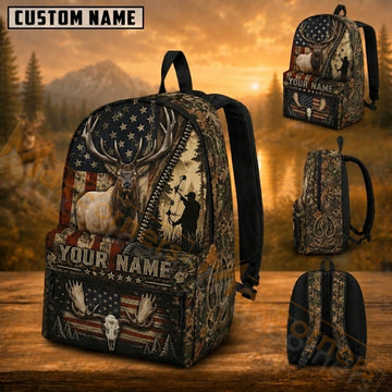 Maxcorners Hunting Wild Elk Bowhunting US Flag Woodland Camo Custom Name 3D Backpack