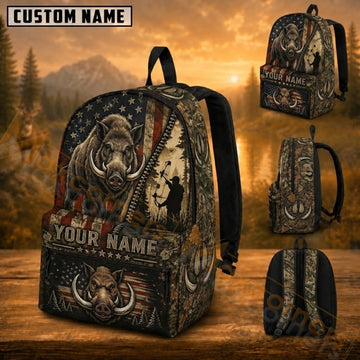 Maxcorners Hunting Wild Boar Bowhunting US Flag Woodland Camo Custom Name 3D Backpack