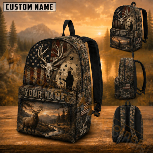 Maxcorners Hunting American Hunter Buck Skull Bowhunting Camouflage Custom Name 3D Backpack