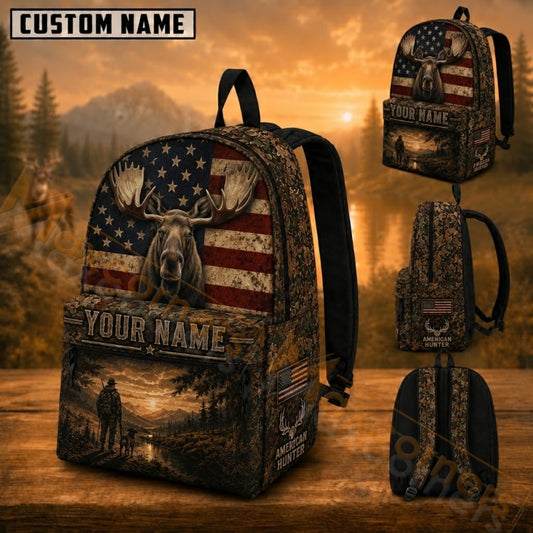 Maxcorners Hunting Moose Sunset Mountain Camo Custom Name 3D Backpack