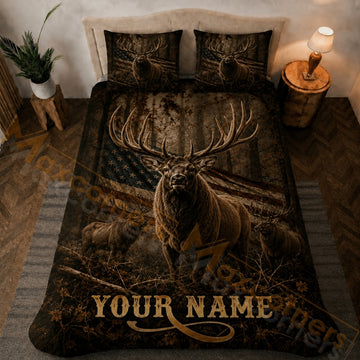 Maxcorners Hunting Rustic Elk American Flag Forest Bedding Set 3D Printed Custom Name