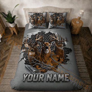 Maxcorners Hunting Silver Gray Triple Deer Metal Bedding Set 3D Printed Custom Name