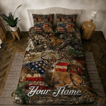 Maxcorners Hunting Camo Deer American Flag Bedding Set 3D Printed Custom Name