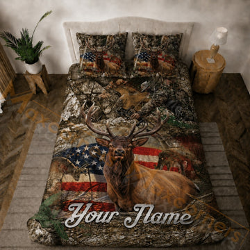 Maxcorners Hunting Camo Elk American Flag Bedding Set 3D Printed Custom Name