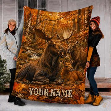 Maxcorners Hunting Moose Family Autumn Forest Custom Name 3D Blanket