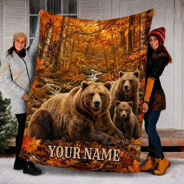 Maxcorners Hunting Bear Family Autumn Forest Custom Name 3D Blanket