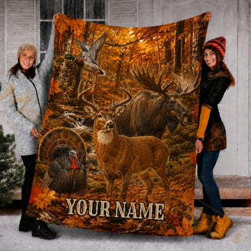 Maxcorners Hunting WildLife Autumn Forest Custom Name 3D Blanket