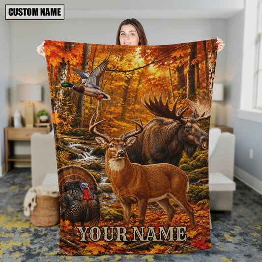 Maxcorners Hunting WildLife Autumn Forest Custom Name 3D Blanket