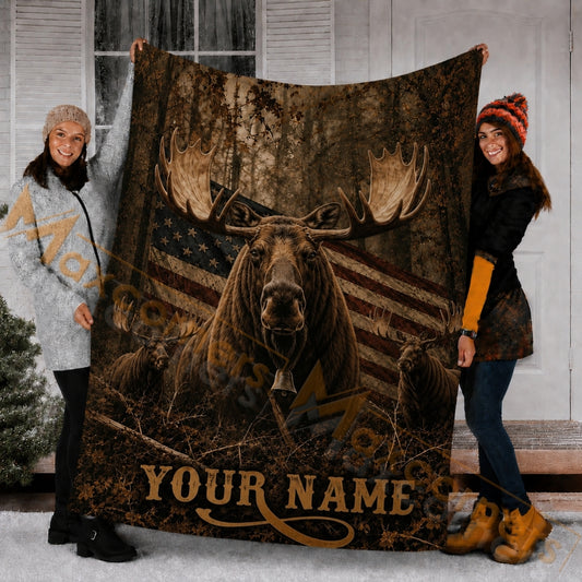 Maxcorners Hunting Moose American Flag Vintage Brown Custom Name 3D Blanket