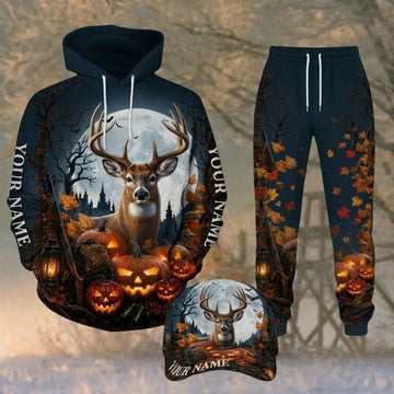 Maxcorners Hunting Halloween Spooky Night Deer Personalized 3D Combo Hoodie, Sweatpants Set & Cap