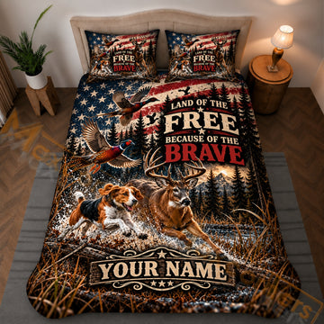 Maxcorners Hunting Deer Dog Pheasant American Flag Rustic Brown Bedding Set 3D Printed Custom Name