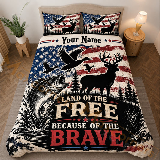 Maxcorners Hunting Deer Bass Duck American Flag Vintage Red Blue Bedding Set 3D Printed Custom Name