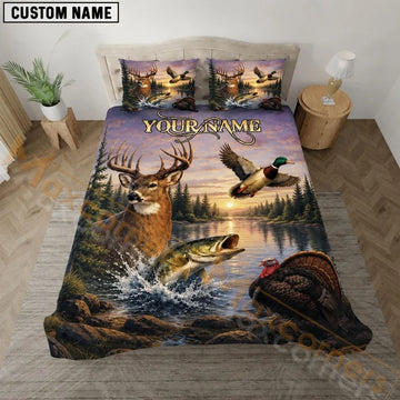 Maxcorners Hunting WildLife Lake Dawn Sky Custom Name 3D Bedding Set