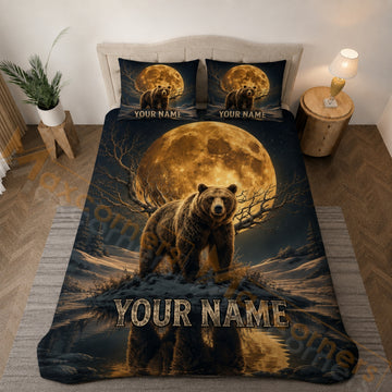 Maxcorners Golden Moon Bear Winter Forest Bedding Set 3D Print Custom Name