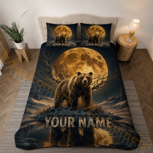 Maxcorners Golden Moon Bear Winter Forest Bedding Set 3D Print Custom Name
