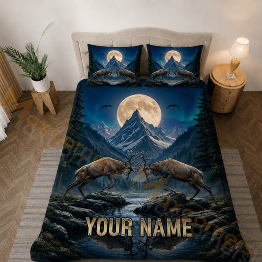 Maxcorners Moonlit Deer Mountain Blue Bedding Set 3D Print Custom Name